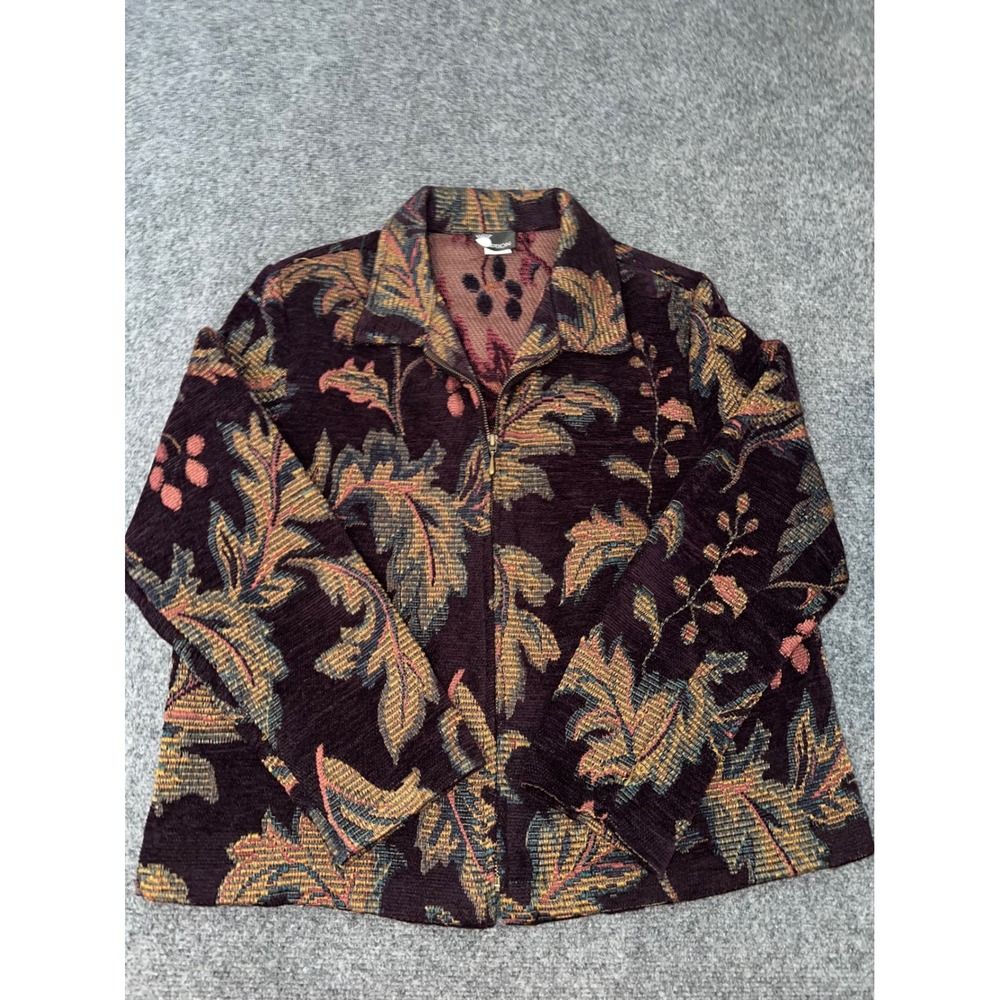 First Option Vintage Tapestry Jacket XL Burgundy Floral Leaf Zip Up USA Made